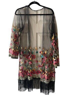 Boutique Black Sheer Floral Embroidered Kimono Fringe Botanical One Size Women's